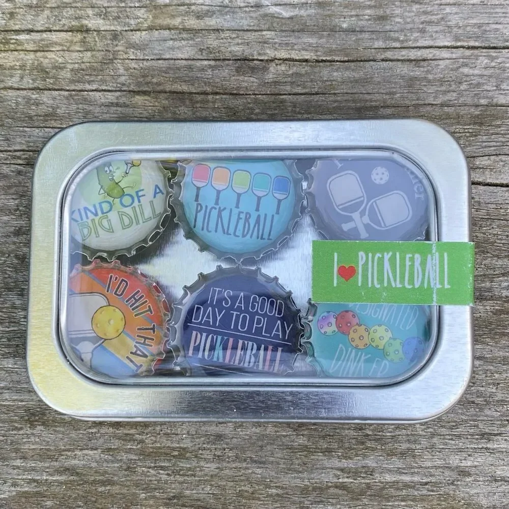 NIB New Kate's Magnets I Love Pickleball Bottlecap Magnets Set of 6 Handmade USA